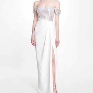 Marchesa Ivory Off the Shoulder High Slit Gown